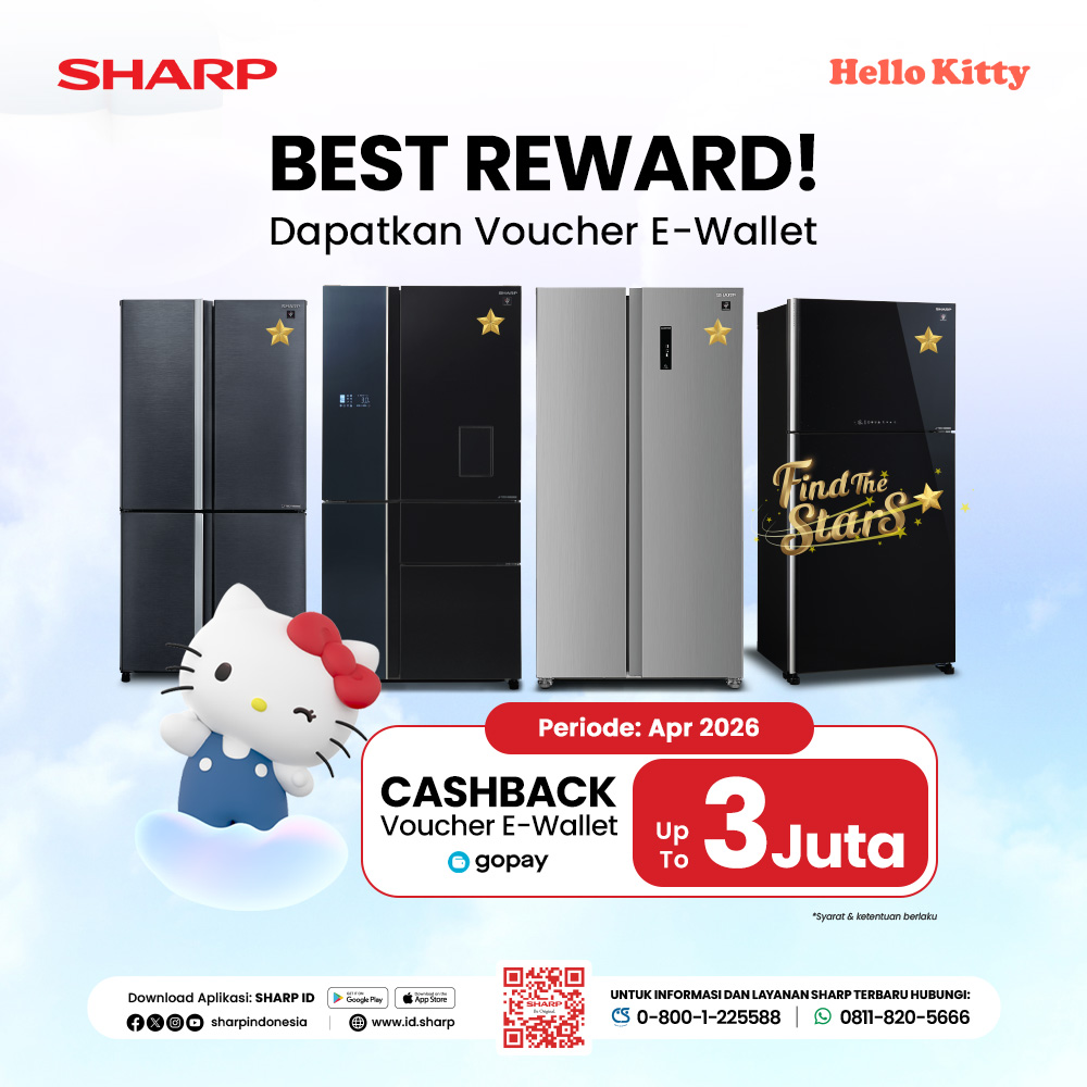 Promo kulkas SHARP dapatkan cashback voucher e-wallet hingga 3 juta
