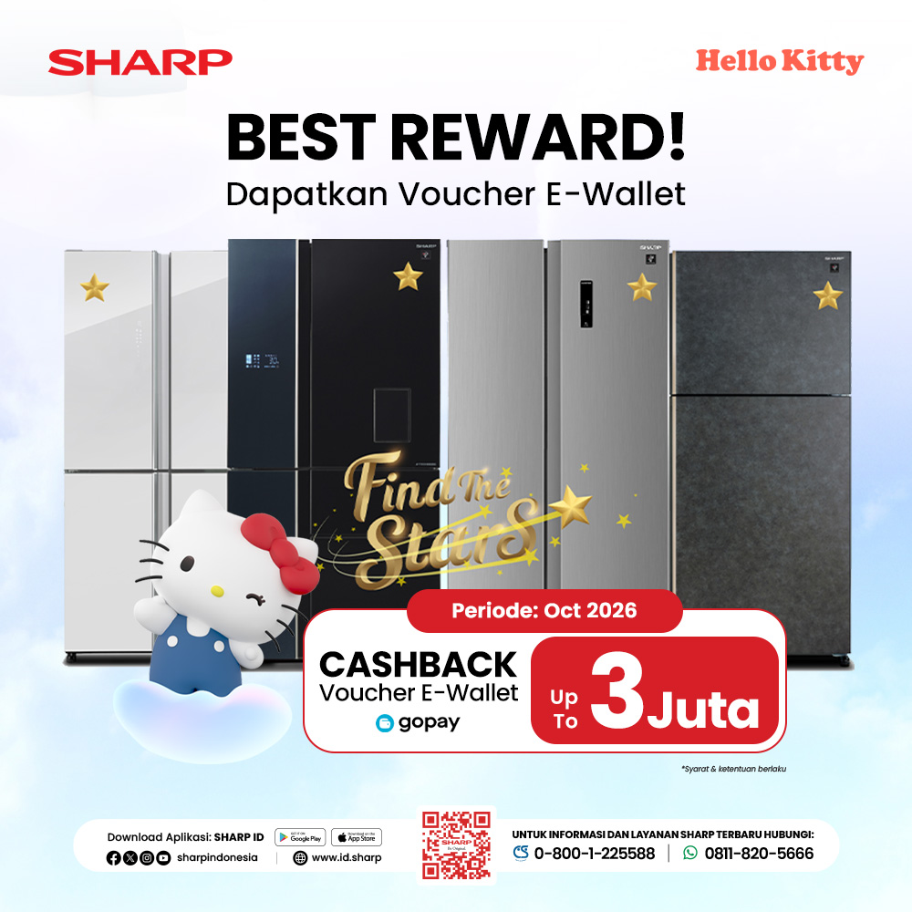 Promo kulkas SHARP dapatkan cashback voucher e-wallet hingga 3 juta